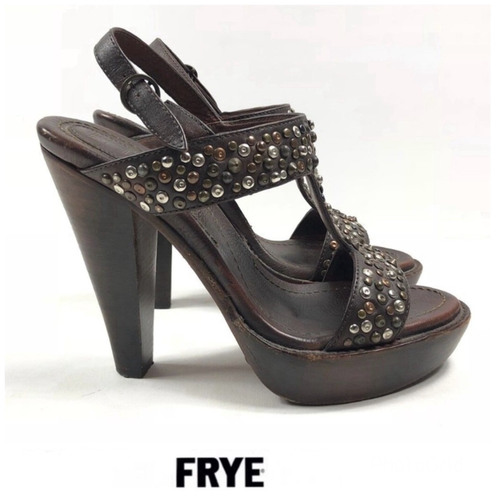 FRYE Brown Leather Multicolor Studded Buckle Strap Platform Sandal Heels Sz 9 B